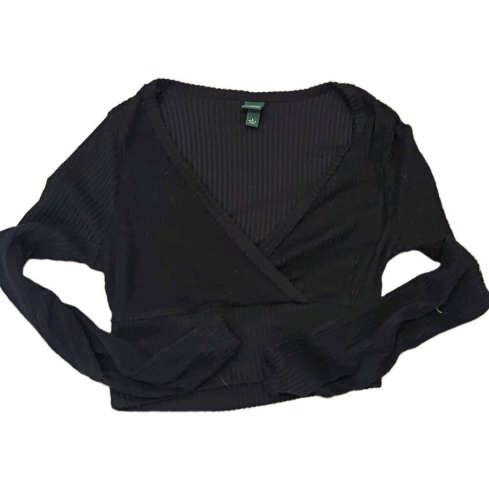 Wild Fable Womens Black Ribbed Deep V-Neck Wrap Cropped Long Sleeve Top Size S
